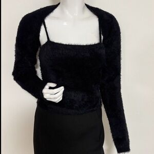 Alice + Olivia Black Furry Fuzzy Textured Tank Top & Matching Shrug Set